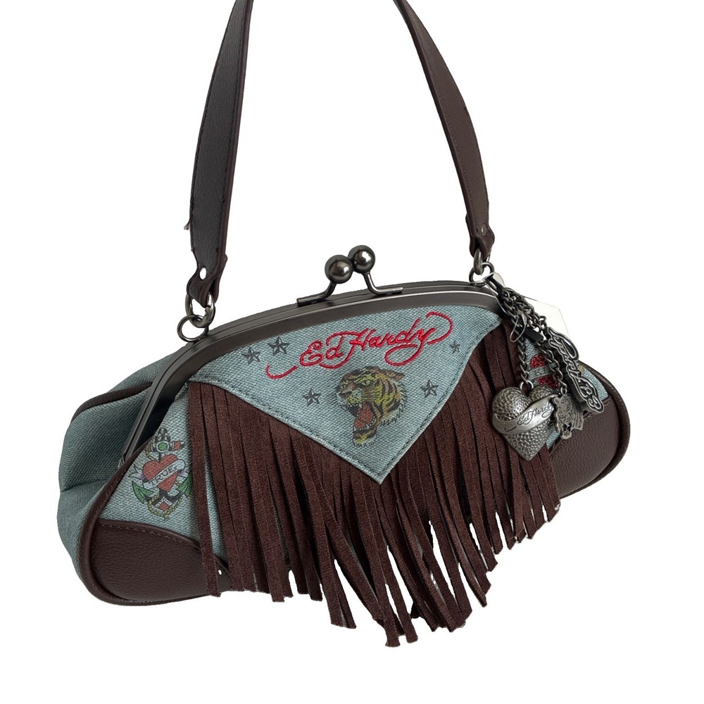 ED HARDY~ Kiss Lock Frame Handbag Purse. Blue Brown Denim. NWT